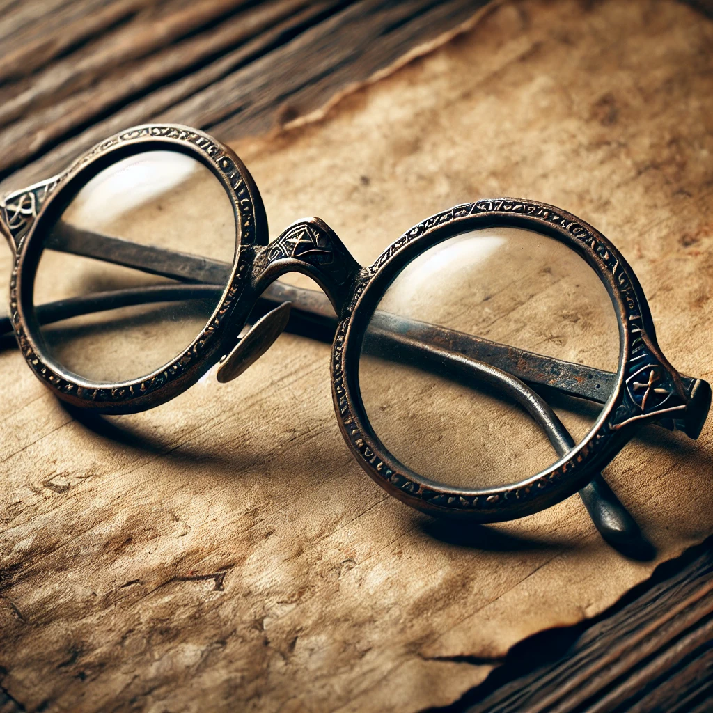 A detailed image of an antique eyeglass from the 13th century, reflecting its historical design. The glasses have round, thick lenses set in a rustic, handcrafted wooden or metal frame. The style is simplistic yet elegant, showing signs of age and craftsmanship from medieval Europe. The background features an old parchment or aged wooden surface, emphasizing the vintage aesthetic.